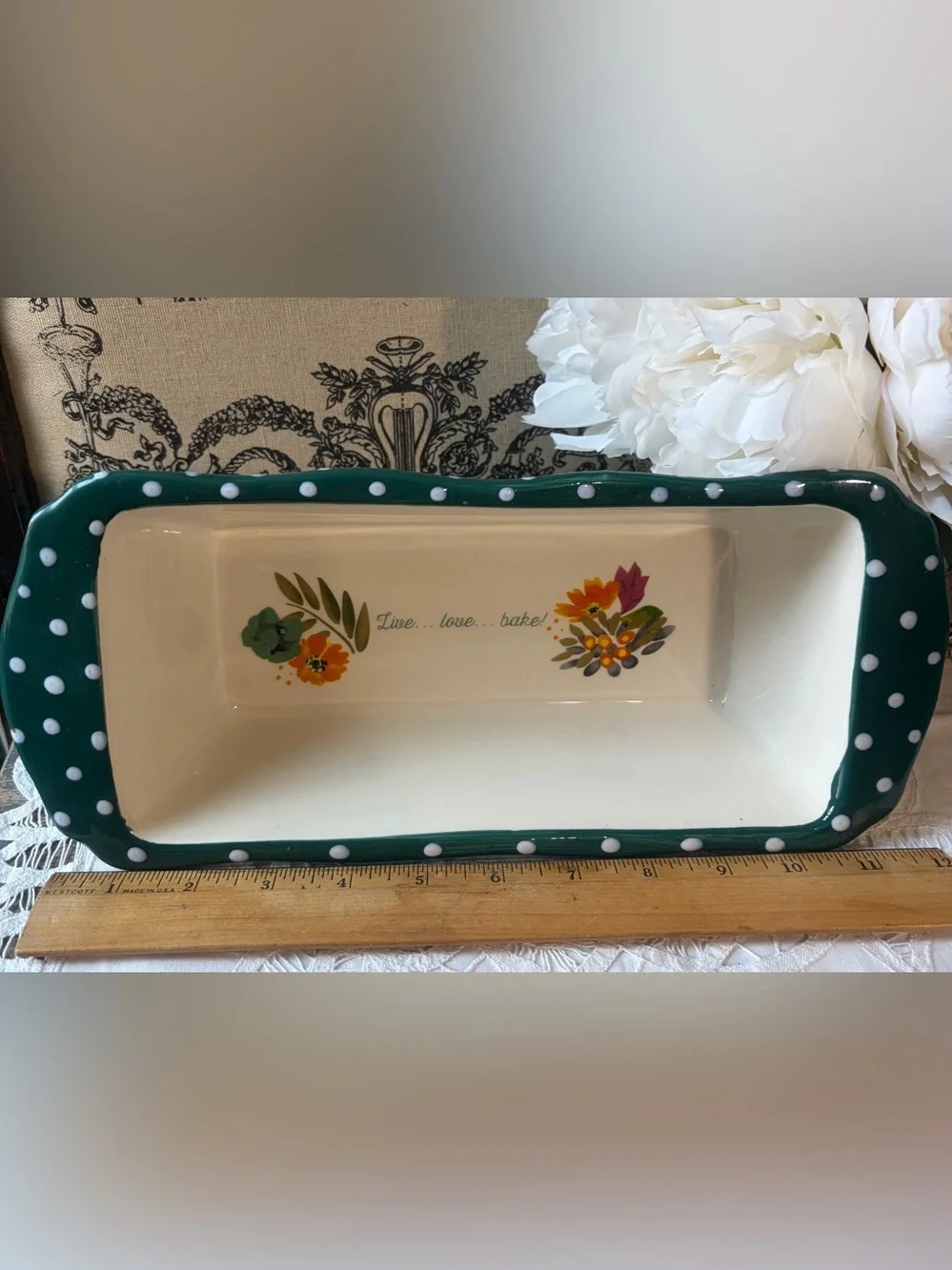 Pioneer Woman Green Polka Dot ceramic bread pan Casserole Dish